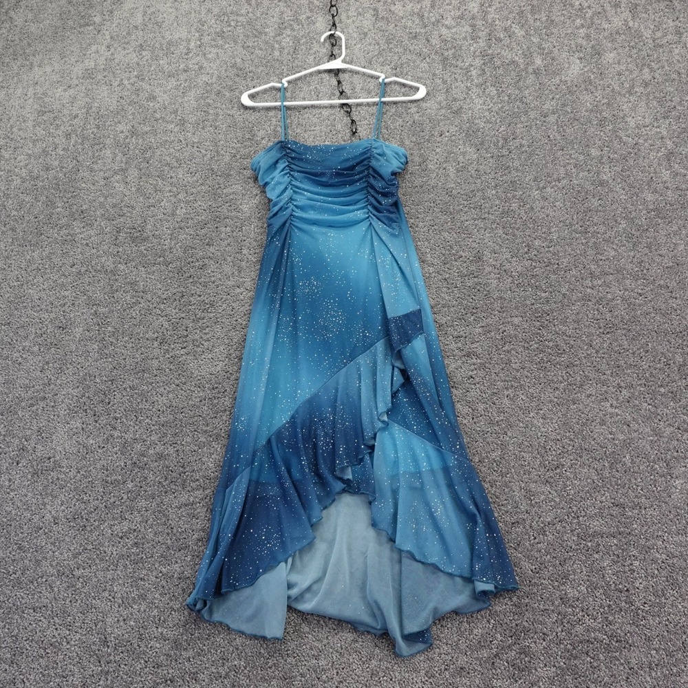 Taboo Dress Womens Large Blue Glitter Ombre Hi Low Ruffle Ruched Formal Party